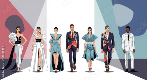 Diverse models showcase avant-garde fashion on a stylized runway.