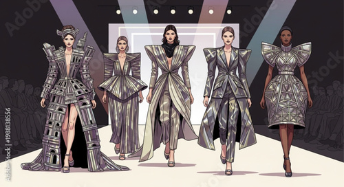 Diverse models showcase avant-garde fashion on a runway.