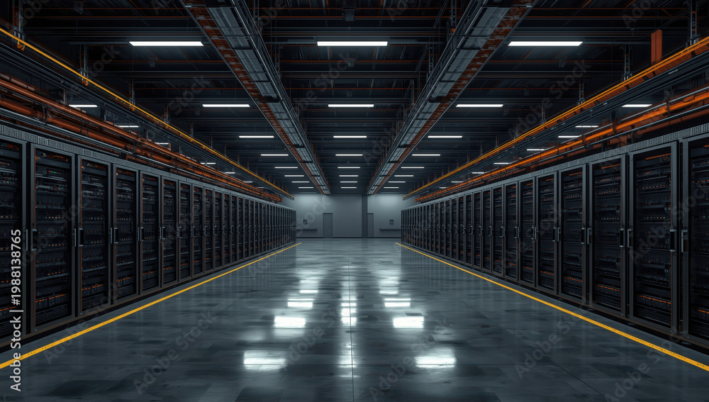 Obraz premium Spacious data center corridor with server racks and reflective floor