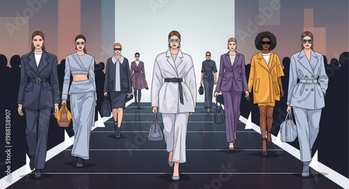 Diverse models walk the runway showcasing stylish fashion outfits.