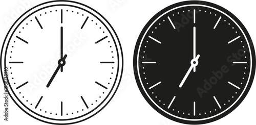 Analog wall clock icons with outline and solid style time display round dial classic design vector illustration