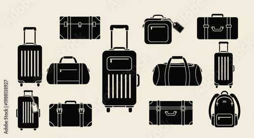 Collection of black luggage and travel bags silhouette icons.