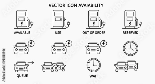 Vector icons illustrate gas pump station status and vehicle queue