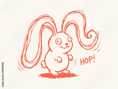 Funny Cartoon Bunny with Long Floppy Ears, Red Monoline Hand Drawn Rabbit Character Illustration, Whimsical Hop Sketch on White Background
