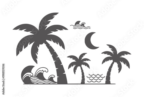 Dark grey silhouette of palm trees waves moon and shark fin white