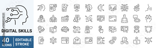 Set of 40 outline icons related to Digital skills. Linear icon collection. Editable stroke. Vector illustration