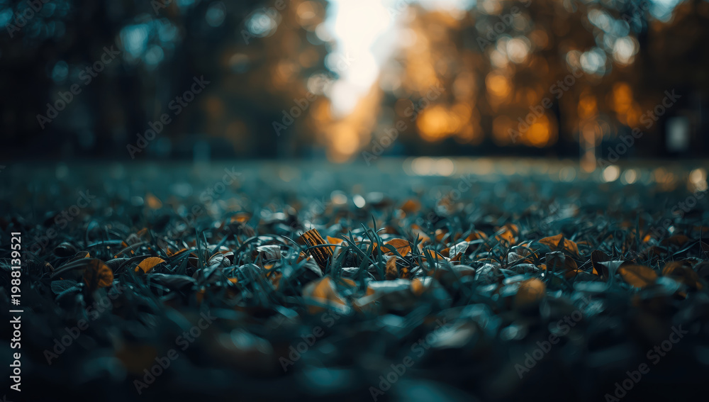 Obraz premium Low angle shallow focus grass with autumn leaves and warm bokeh light