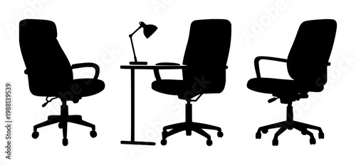 Home office chair set with solid black icon on white background featuring office furniture, seating, ergonomic design with vector and illustration