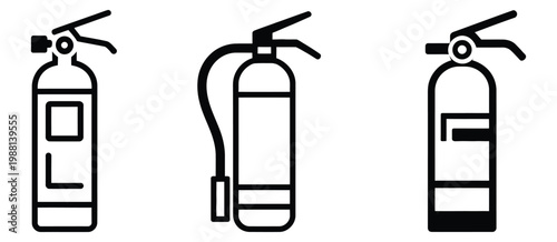 Fire extinguisher icon set, clean editable stroke vector pack featuring extinguisher, flame suppression symbols, and emergency safety equipment icons for industrial protection, building safety, and in