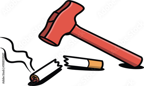 World No Tobacco Day awareness illustration featuring a red hammer smashing a cigarette for smoking cessation and healthy lifestyle advocacy vector