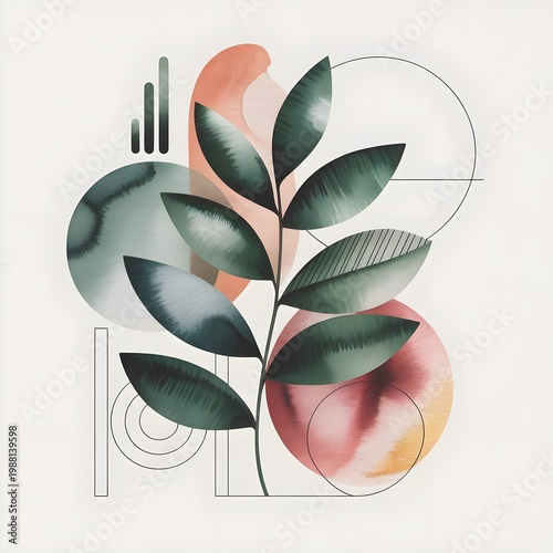 Vector illustration of an apple on an abstract background with green leaves and a floral branch design symbolizing nature and ecology