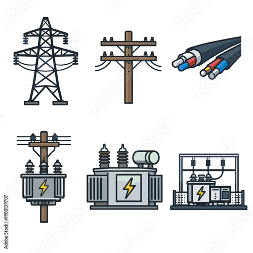 Minimalist Power Grid and Electrical Equipment Icons Set with Transmission Lines, Transformers and Cables