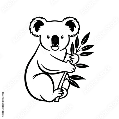 Koala bear holding eucalyptus leaf branch.