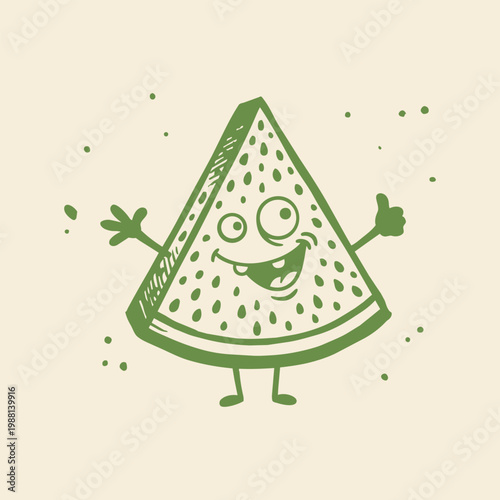 Funny Watermelon Character Cartoon Illustration, Wacky Smiling Fruit Mascot with Googly Eyes and Thumbs Up on Retro Background