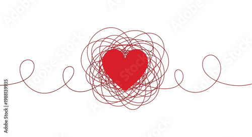 Vibrant red heart shape surrounded by intricate tangled lines forming a beautiful minimalist artistic graphic design element