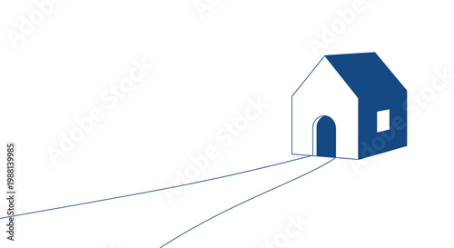 Simple geometric house illustration featuring a blue roof and a welcoming path emerging from its arched entrance