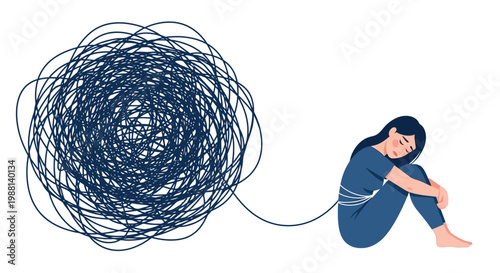 A distressed woman with dark hair sits hunched over, overwhelmed by a huge tangled mess of thoughts and emotions.