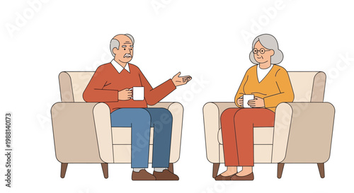 Elderly couple sitting in comfortable armchairs while having a friendly conversation and drinking coffee together at home