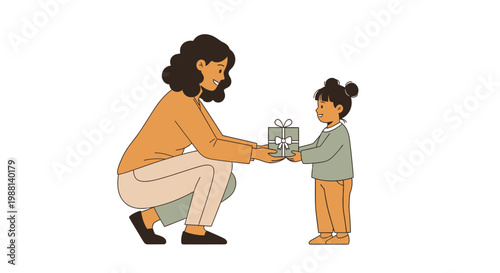 Loving mother kneeling down while giving a wrapped birthday present to her happy little toddler daughter today