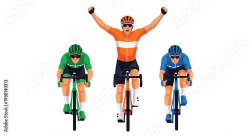 Professional cyclists riding bicycles while the lead athlete celebrates his amazing victory with arms raised high above