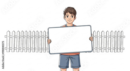 Young boy holding a blank sign in front of a white picket fence for advertising or message display isolated on white b