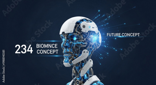 Futuristic cyborg head with glowing blue eyes representing artificial intelligence and future technology concept isola