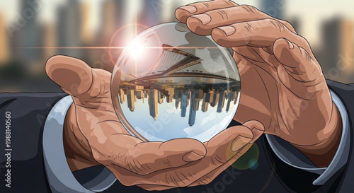 Businessman holding crystal ball reflecting cityscape concept of future business and financial planning foresight
