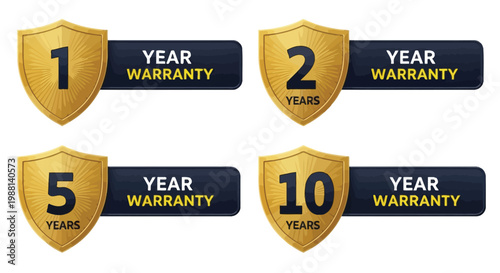 Set of golden shield icons representing one two five and ten year warranty periods for commercial products