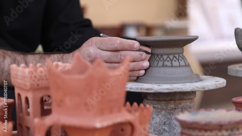 Pottery making, close up on hands decorating