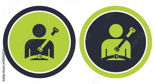 Minimalist vector icons representing a person wearing a safety seat belt inside a circular frame design element