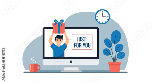 Happy man holding a gift box on a computer monitor screen representing online shopping and customer rewards