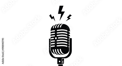 Retro microphone illustration with lightning bolt symbols representing powerful audio broadcasting and high energy sonic sound waves