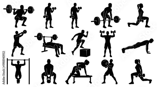 Silhouette of people working out weights.