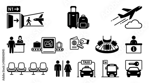 Travel icons and transportation symbols.