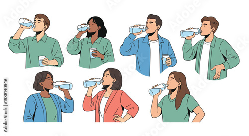 Set of diverse people drinking water from plastic bottles and glasses throughout the day to stay healthy and hydrated.