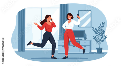 Two young women having fun dancing and taking a selfie together in a modern apartment room with blue curtains.