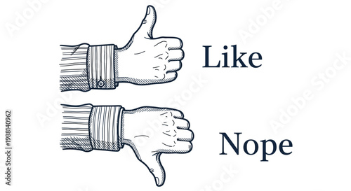 Hand drawn illustration showing thumbs up and thumbs down gestures representing social media like and dislike feedback