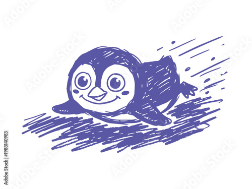 Hand Drawn Cute Penguin Character Sliding on Ice Illustration Blue Ink Sketch