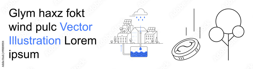 Naklejka premium Environmental sustainability, water conservation, urban planning, renewable energy, eco-design, infrastructure. Features buildings, water harvesting coin and a tree. Environmental sustainability