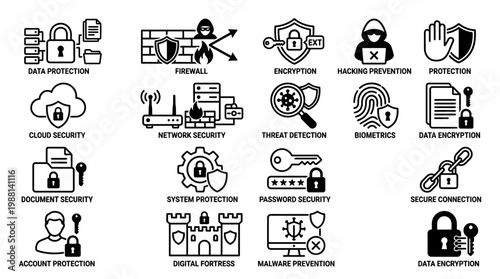Cybersecurity icons and protection symbols.