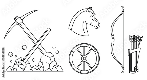 Black and white line icons of historic western themes including a pickaxe, horse head, wooden wheel, and a bow with a quiver of arrows.