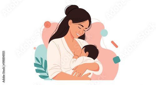 Loving mother tenderly breastfeeding her infant baby against a soft abstract background depicting childcare and maternal bonding.