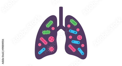 Illustration of human lungs containing various microorganisms like bacteria and viruses, symbolizing respiratory infection or disease.