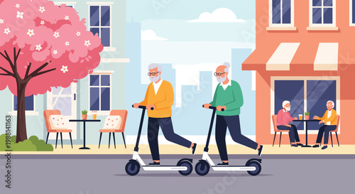 Two active senior men riding electric scooters down a charming city street lined with cafes and a blooming cherry tree.