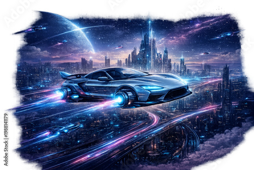 Futuristic city with neon vehicles, cyberpunk cityscape, neon lit skyline, sci fi urban environment, glowing futuristic streets, high tech metropolis, flying neon cars, autonomous glowing vehicles, di