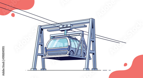 Modern cable car transportation system featuring a blue passenger gondola suspended from high-tech cables on a clean white background.