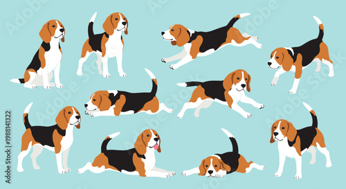 Adorable beagle dogs in various active and resting poses including running, sitting, and lying down on a light blue background.