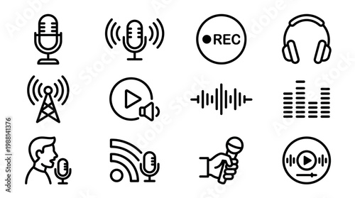 Black and white audio icons set.