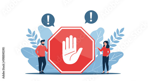 Man and woman standing next to a large red stop sign with an open palm hand symbol