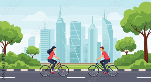 Couple enjoying a bike ride on a path in an urban park with modern city skyscrapers and green trees in the background.
